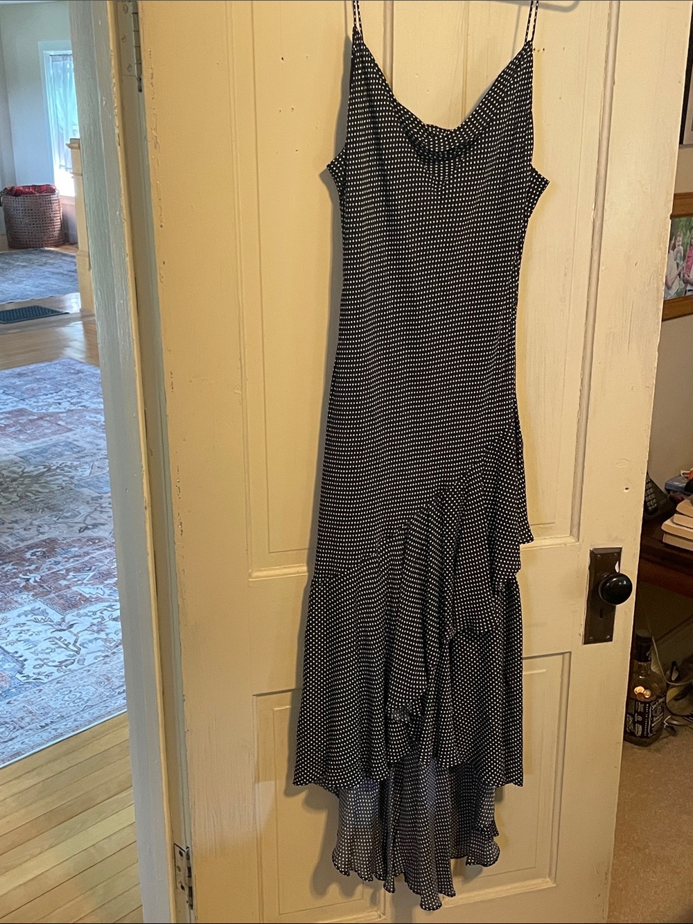 Alice + Olivia Black & White Polka Dot High-Low Slip Dress. Cowl neck, low back.